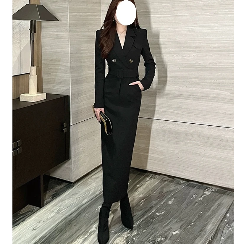 现货【蛋蛋专属】微胖大码御姐风长袖西装连衣裙法式长裙连身裙9826