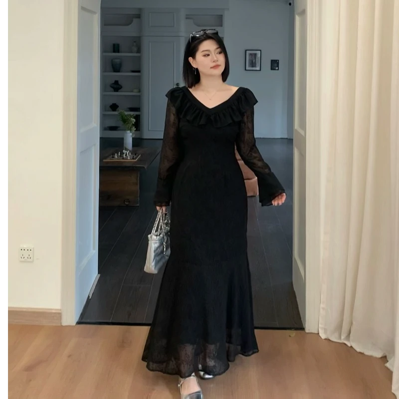 【黑天鹅 】秋季法式黑色收腰显瘦长袖鱼尾高级感微胖连衣裙-S1084