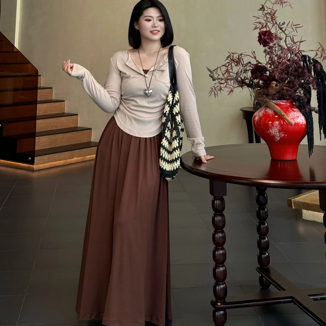 【神仙姐姐】新款大码复古针织穿搭显瘦上衣咖色吊带裙套装-S1094