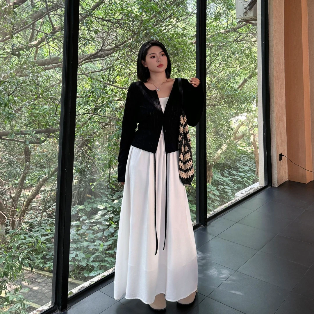 【合影杀手】早春微胖百搭黑色开衫穿搭显瘦白色吊带裙套装2-S1095