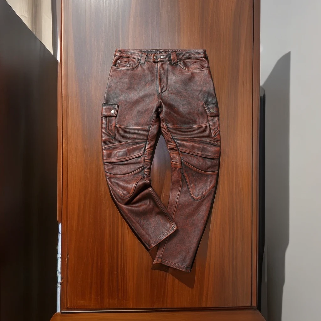 男士哈雷机车服复古工装裤头层小牛皮机车裤骑行皮裤男男士皮衣