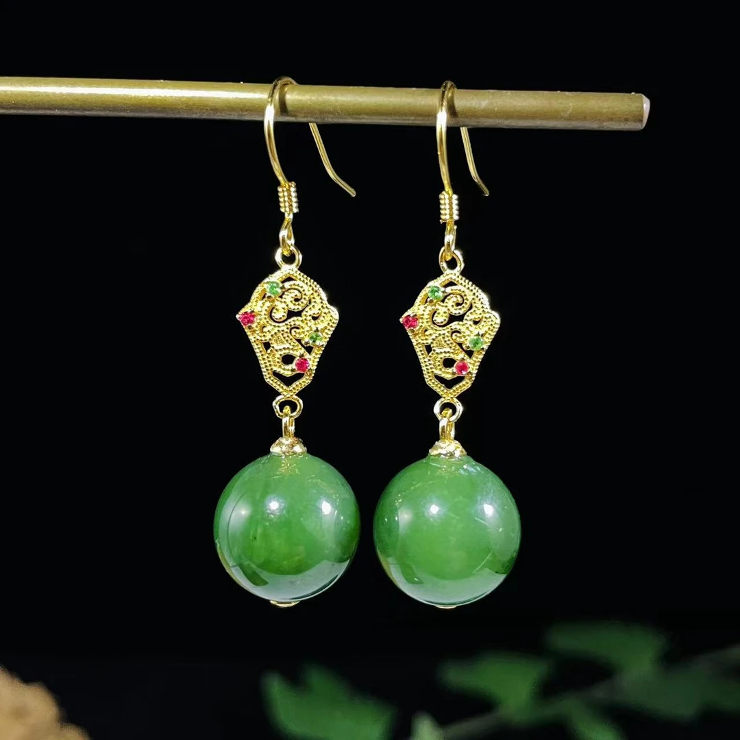 【豆豆珠宝甄选】天然和田玉俄料老坑碧玉圆珠12M耳坠S925银镶嵌