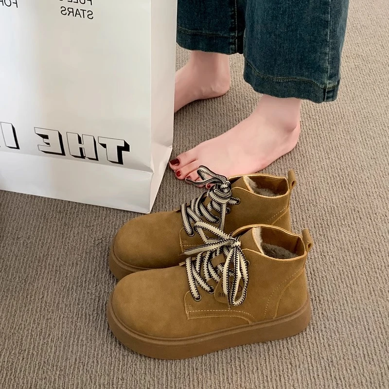 琪艺蝶厚底加绒保暖高帮勃肯女鞋2024新款冬季复古短靴雪地靴棉鞋