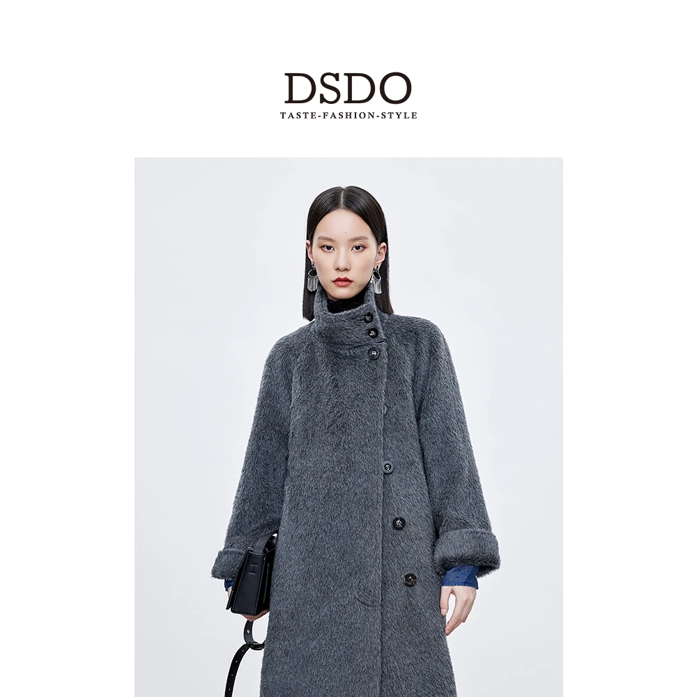 DSDO冬款加厚苏力羊驼毛大衣中长款宽松高领绵羊毛女士毛呢外套