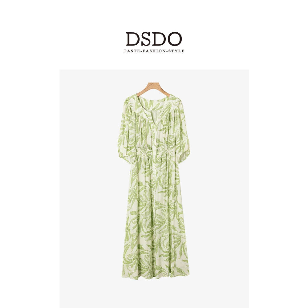 DSDO夏新款立体压褶百合绿色显瘦裙V领印花收腰轻奢中长款连衣裙