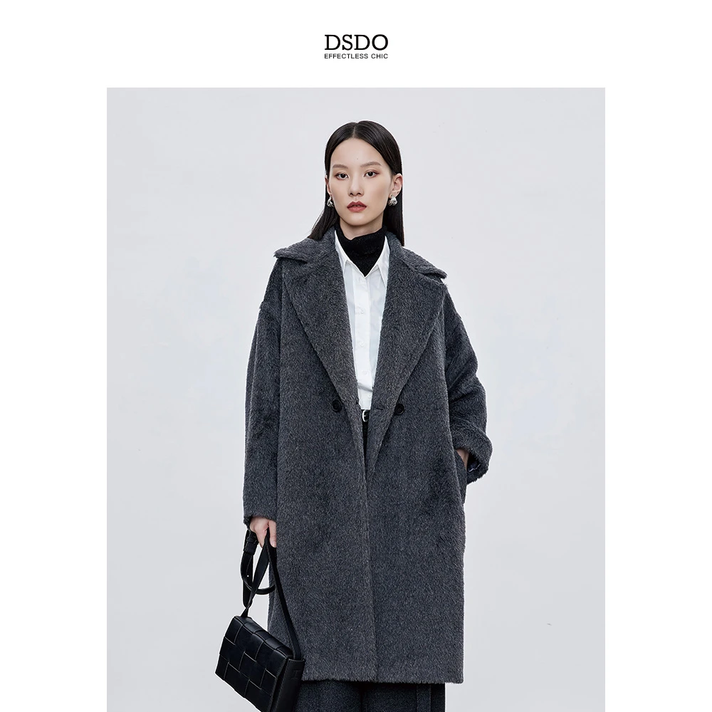 DSDO高端嵿级秘鲁苏力羊驼毛绵羊毛毛呢外套宽松中长款泰迪大衣女