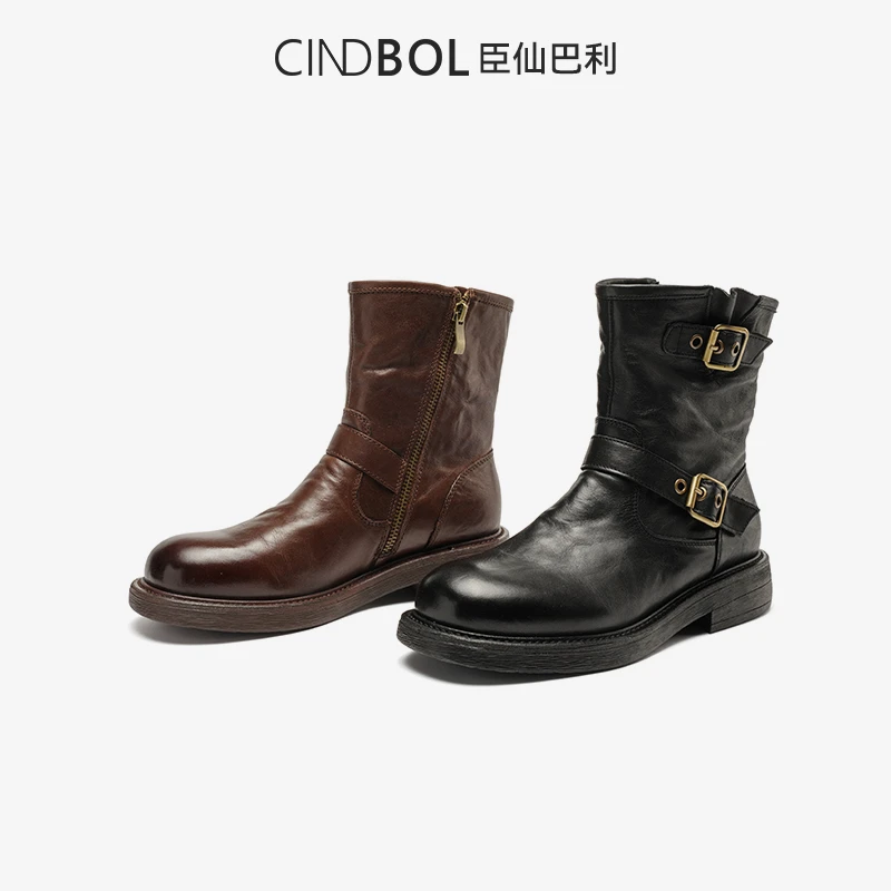 CINDBOL/臣仙巴利英伦风真皮复古侧扣中筒西部牛仔切尔西短靴1995