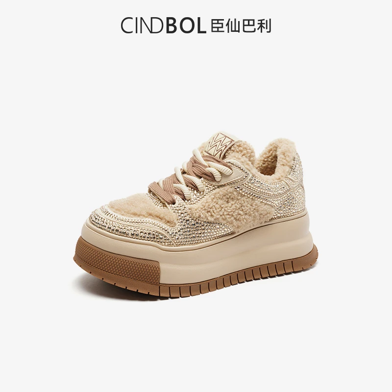 CINDBOL/臣仙巴利欧洲站秋冬新款圆头系带拼色厚底加绒松糕鞋1973