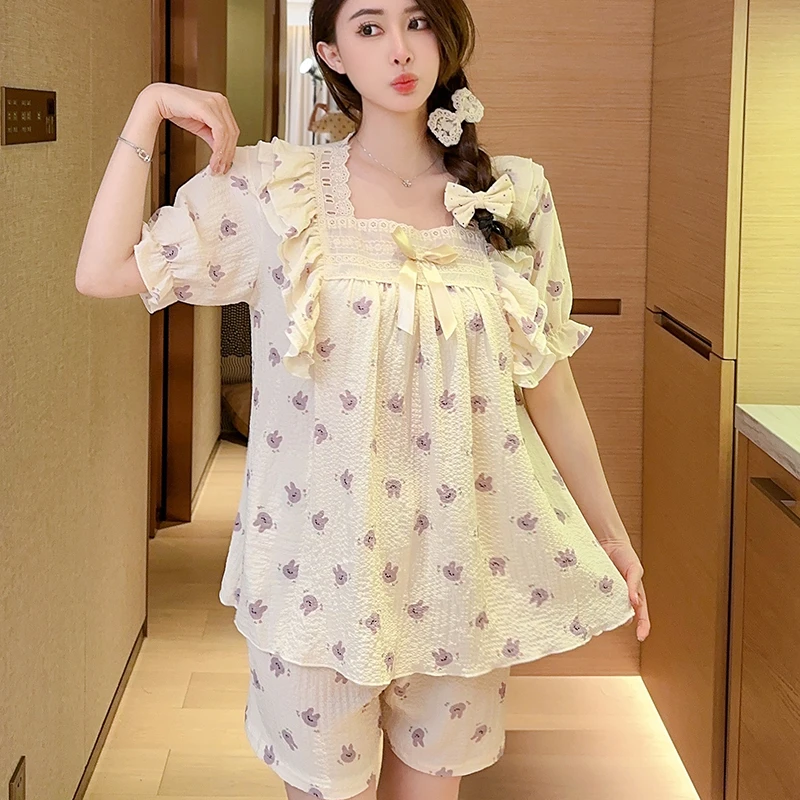 【星】甜美精致荷叶边短袖睡衣女公主风方领蕾丝家居服套装1012