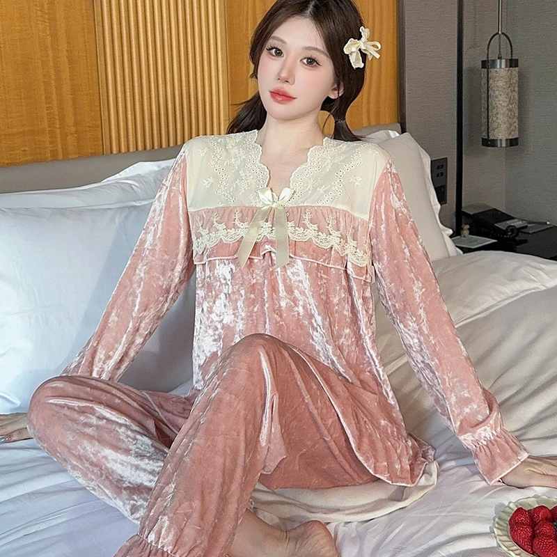 【星】公主风睡衣女秋冬甜美蕾丝春秋季长袖长裤家居服两件套5026