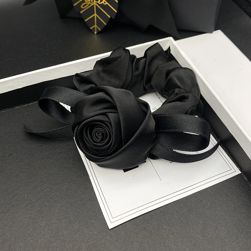 原创复古法式立体玫瑰花朵发饰女大肠缎面头绳高级气质后脑勺发圈