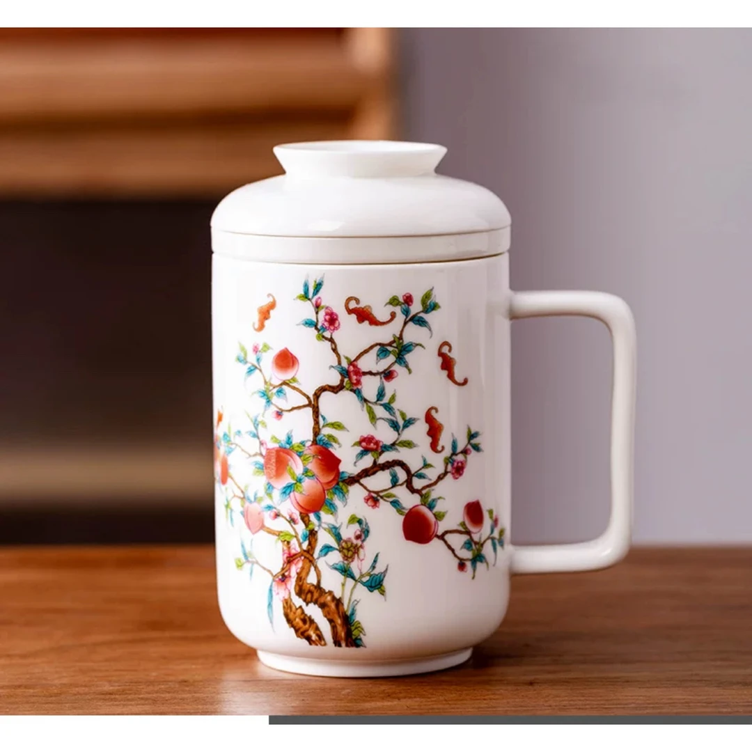 九桃五福带盖马克杯