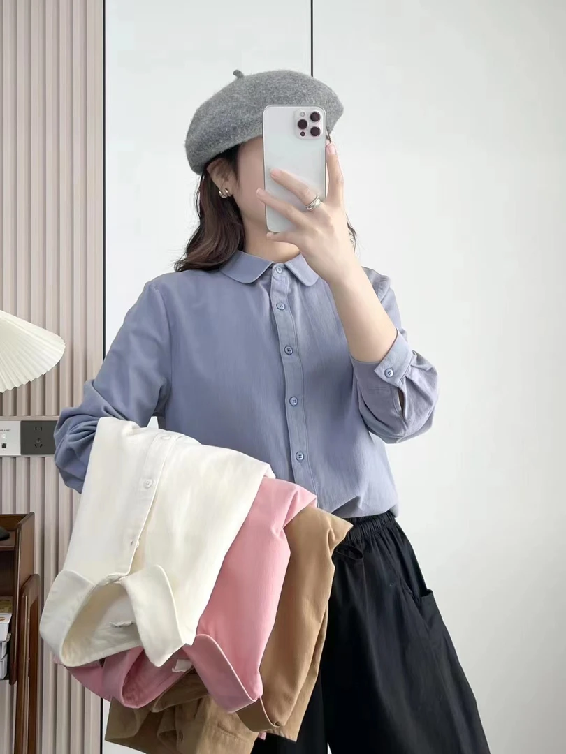 春秋季新款小圆领磨毛纯棉长袖简约风休闲衬衫圆领宽松百搭8380