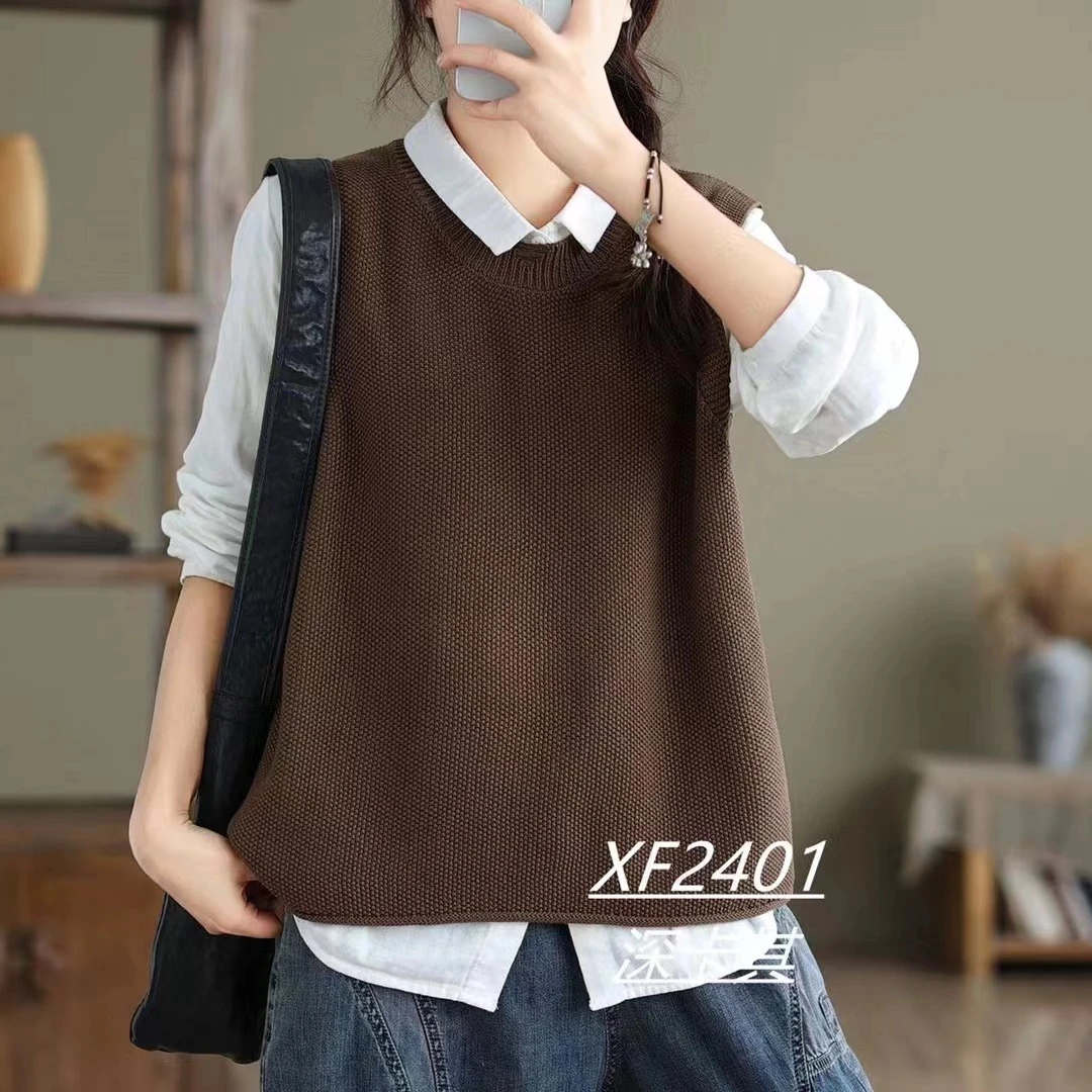 2024春秋季新款棉线领口破洞圆领套头纯色休闲女款针织马甲2401