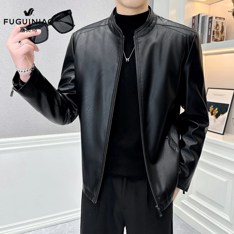 FUGUINIAO/富贵鸟春秋男士新款立领时尚帅气韩版休闲皮衣皮夹克男