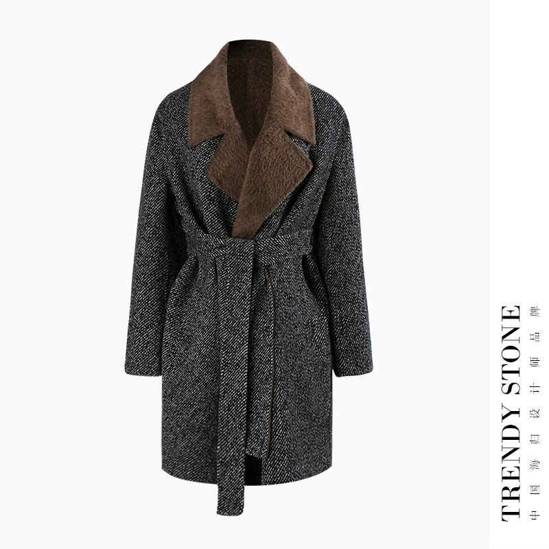 潮石意大利手工羊驼苏力绒双面呢中长款大衣T53339020