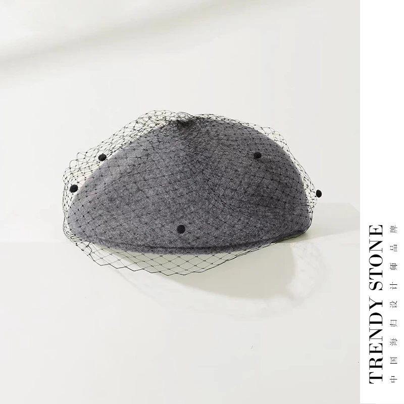 潮石法式优雅网纱贝雷帽女秋冬新款100羊毛T64PM9010