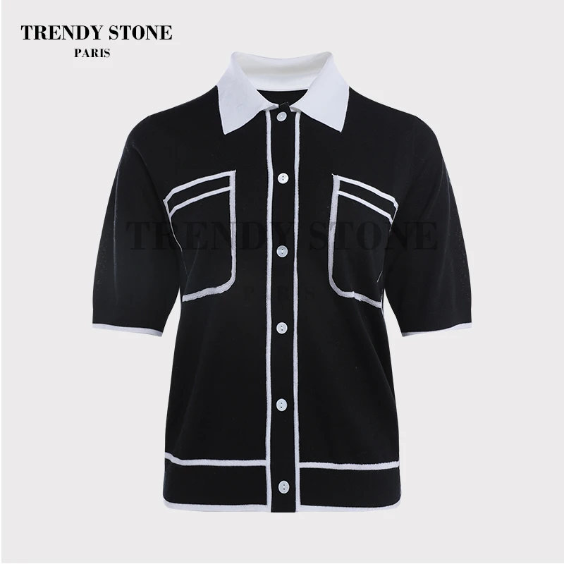 潮石时尚翻领撞色口袋针织衫T43089030