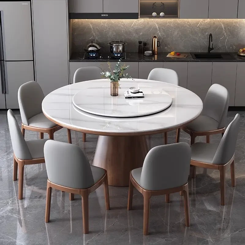 岩板大圆桌椅组合圆形现代简约轻奢圆桌带转盘实木家用电磁炉饭桌