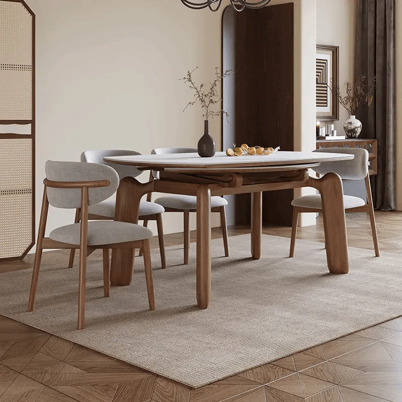 大象腿岩板餐桌可伸缩家用小户型现代简约实木方变圆餐桌多功能