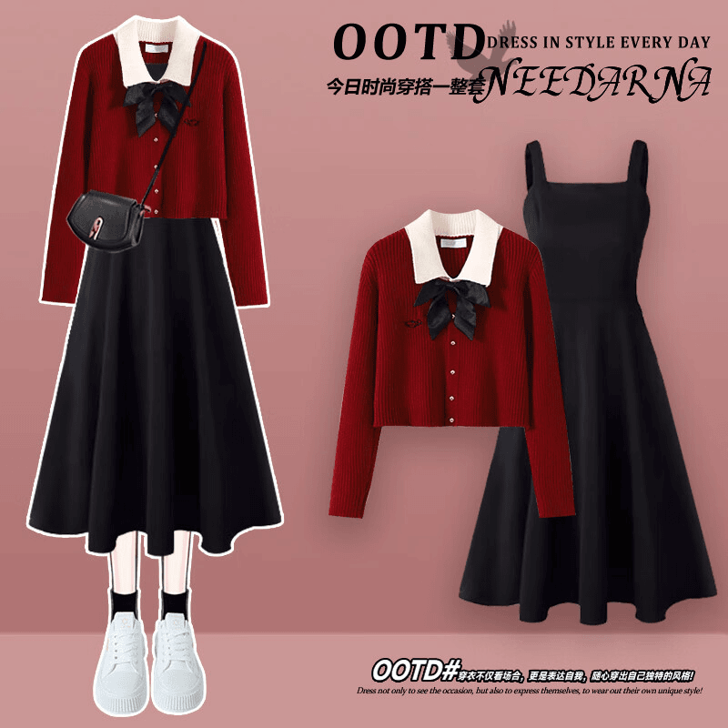 过年衣服女装新款套装喜庆赫本风显身材黑色长裙秋冬2023小香风红