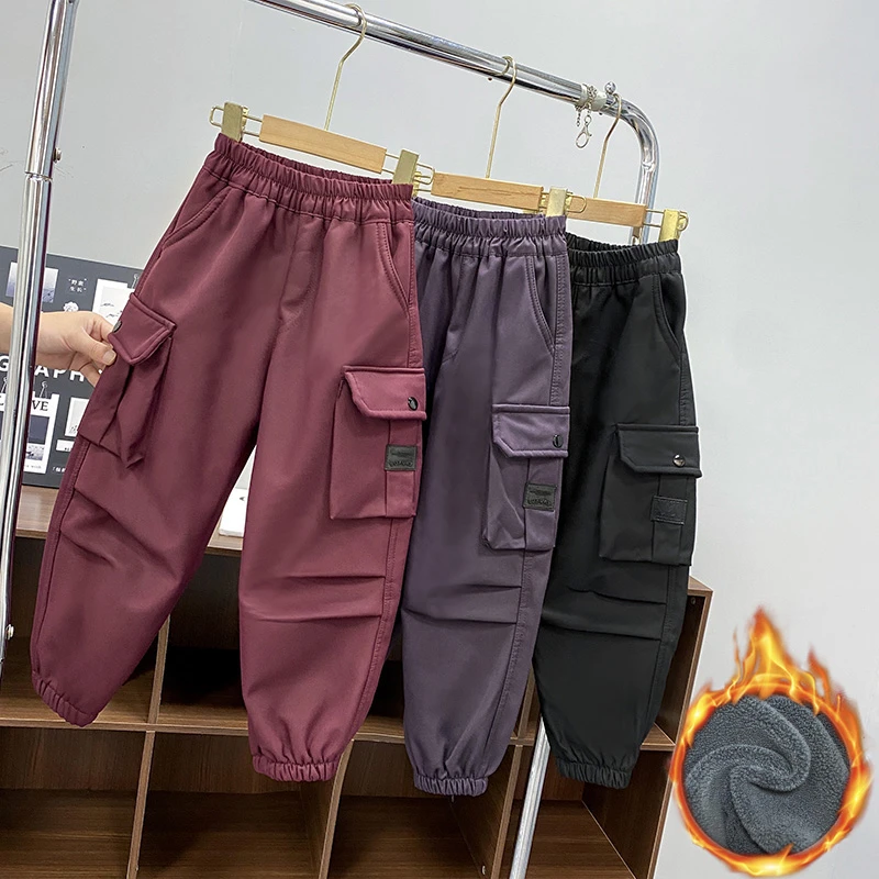 儿童一体绒工装裤2024冬季新款男女中大童宽松加绒潮牌休闲裤男童
