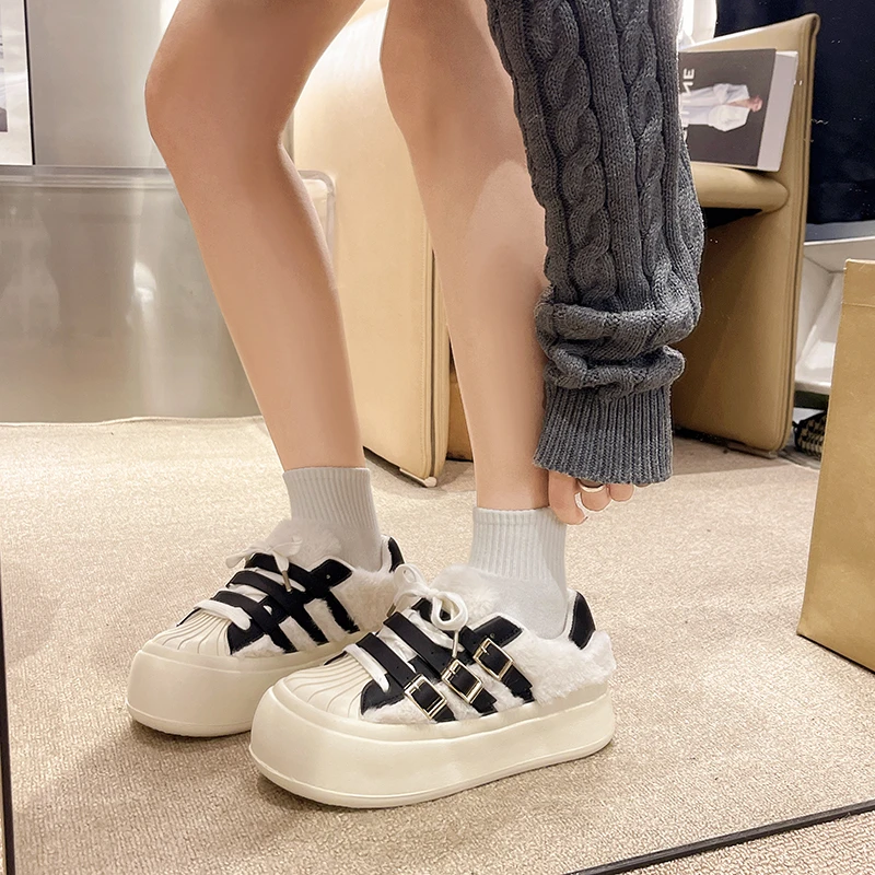 回力潮品贝壳头毛毛鞋女秋冬潮流厚底增高时尚休闲板鞋加绒面包棉