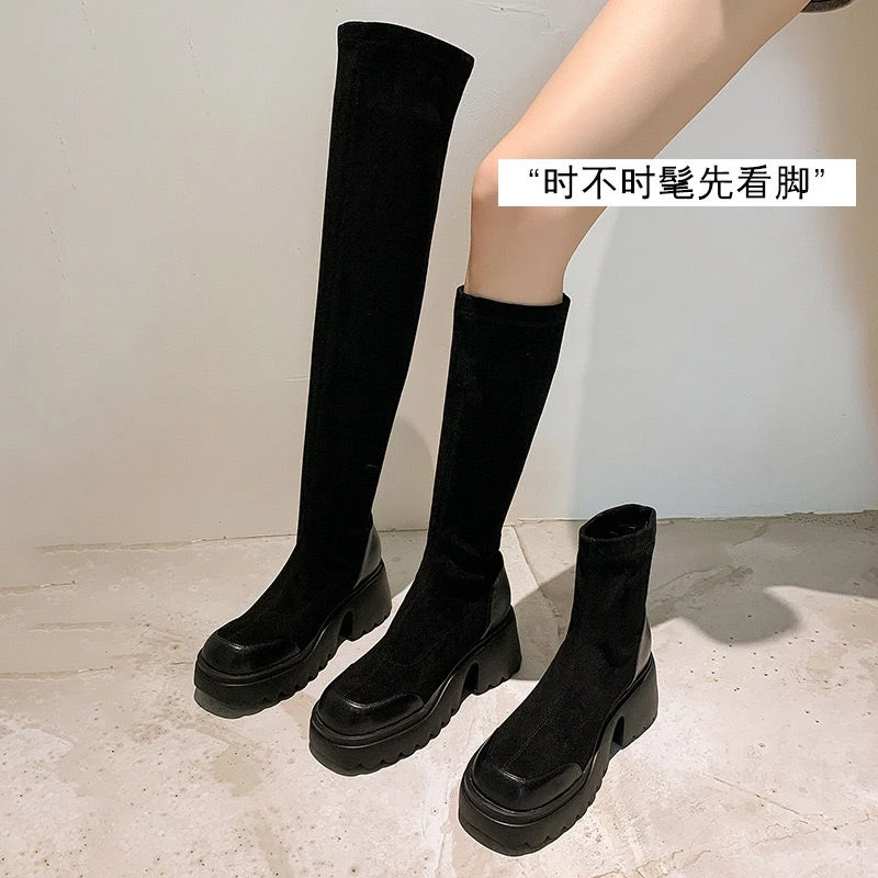 回力潮品冬季新款时尚过膝辣妹秋款女百搭平底显脚港风弹力中筒靴