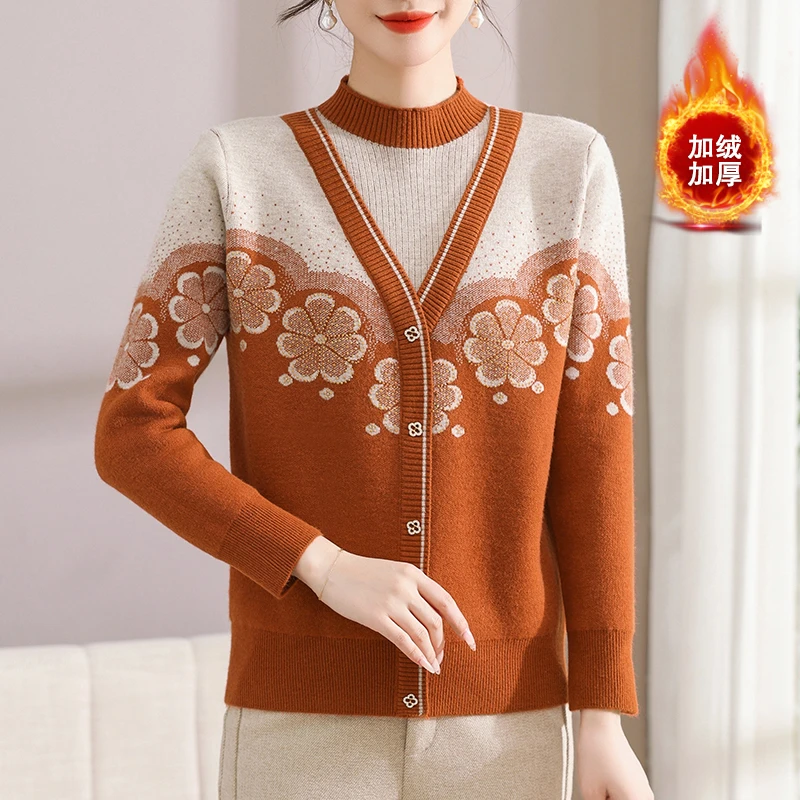 2025冬季短款新款妈妈装洋气假两件加绒加厚韩版保暖针织妈妈毛衣