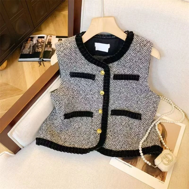 小香风撞色编织粗花毛呢马甲女早秋小个子坎肩短外套气质马夹开衫