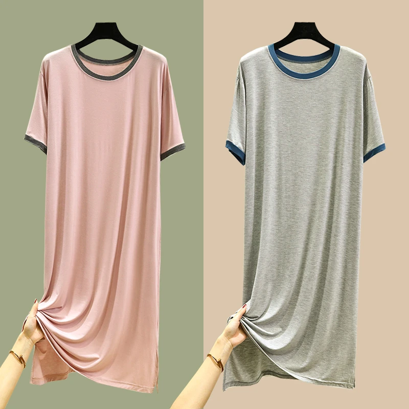 连衣裙女莫代尔短袖睡裙夏薄款打底裙外穿宽松百搭家居服大码长裙
