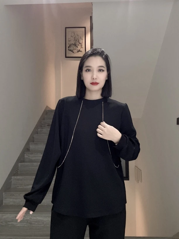 5535#新款链条气质显瘦宽松垫肩T恤