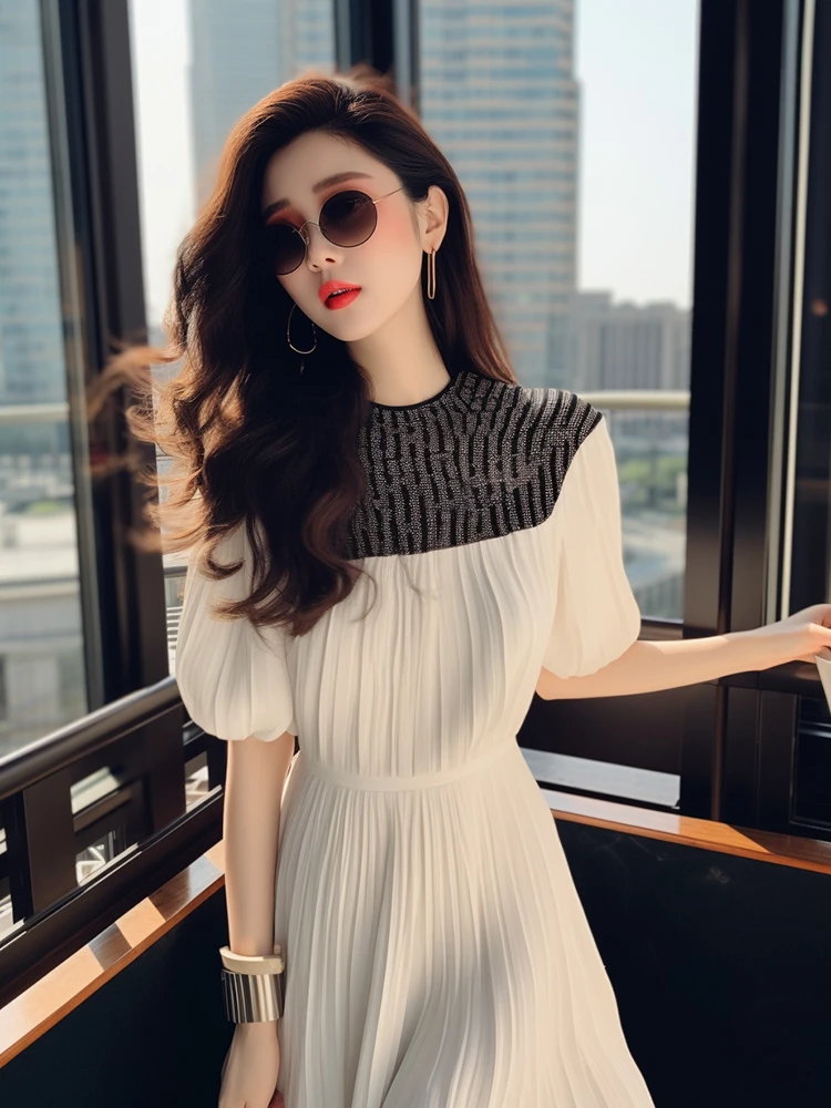 小个子高端精致裙子夏气质小众独特超好看黑白拼接连衣裙梨形身材
