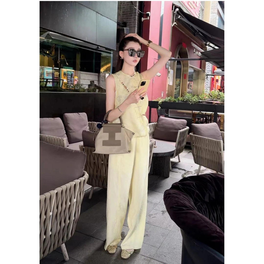 YE/Lan新中式国风盘扣上衣套装减龄高级感小香风阔腿裤两件套夏季