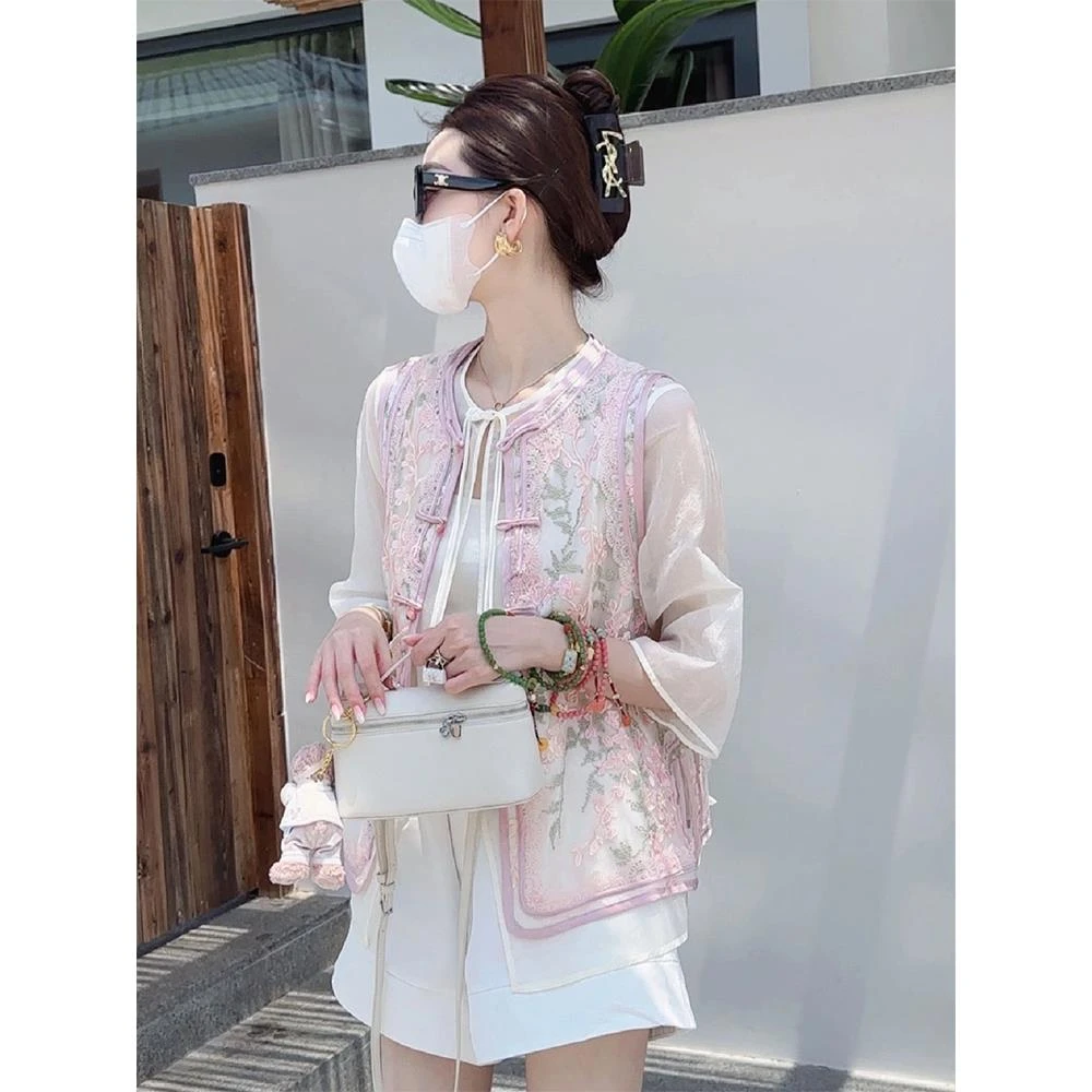 YE/Lan新中式国风女装2024新款禅意唐装盘扣上衣粉色马甲套装夏季