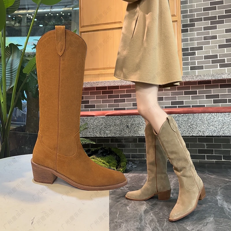 广州戴戴~新款复古尖头粗跟5公分V口长靴女单靴真皮骑士靴888-10