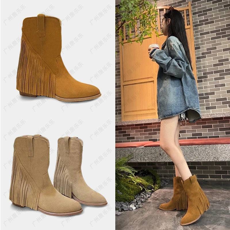 【广州戴戴】~时尚新款V口流苏短靴单靴复古休闲尖头粗跟777-1流苏