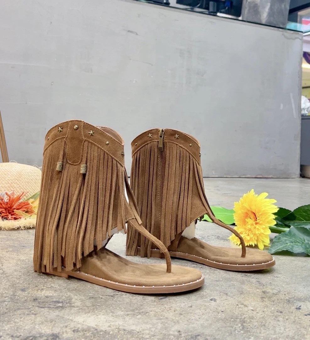 【广州戴戴】~~罗马假日凉靴流苏夹脚露趾侧拉链内增高女鞋1009-100