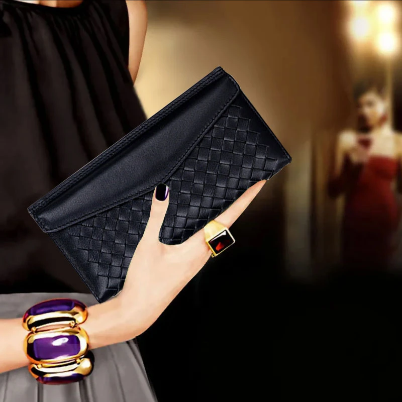 真皮女士钱包新款羊皮编织折叠多卡位钱夹纯皮大容量长款超薄钱包