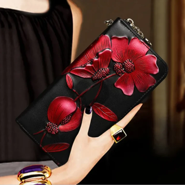 2025新款幸运花女士钱包长款拉链多功能手拿包真皮牛皮百搭小手包