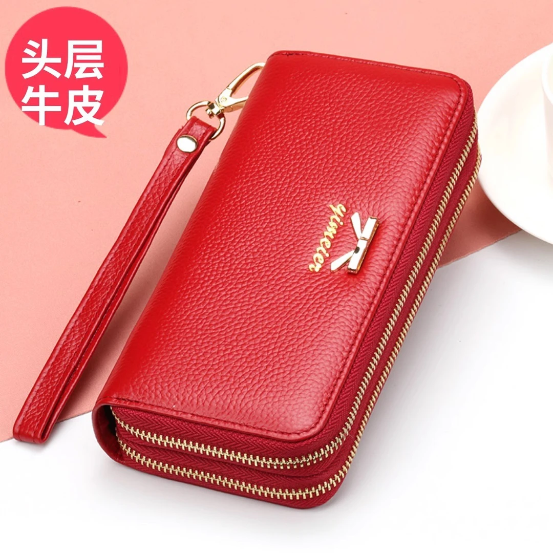 头层牛皮钱包女士长款双拉链钱夹大容量多卡位手拿包放手机零钱包