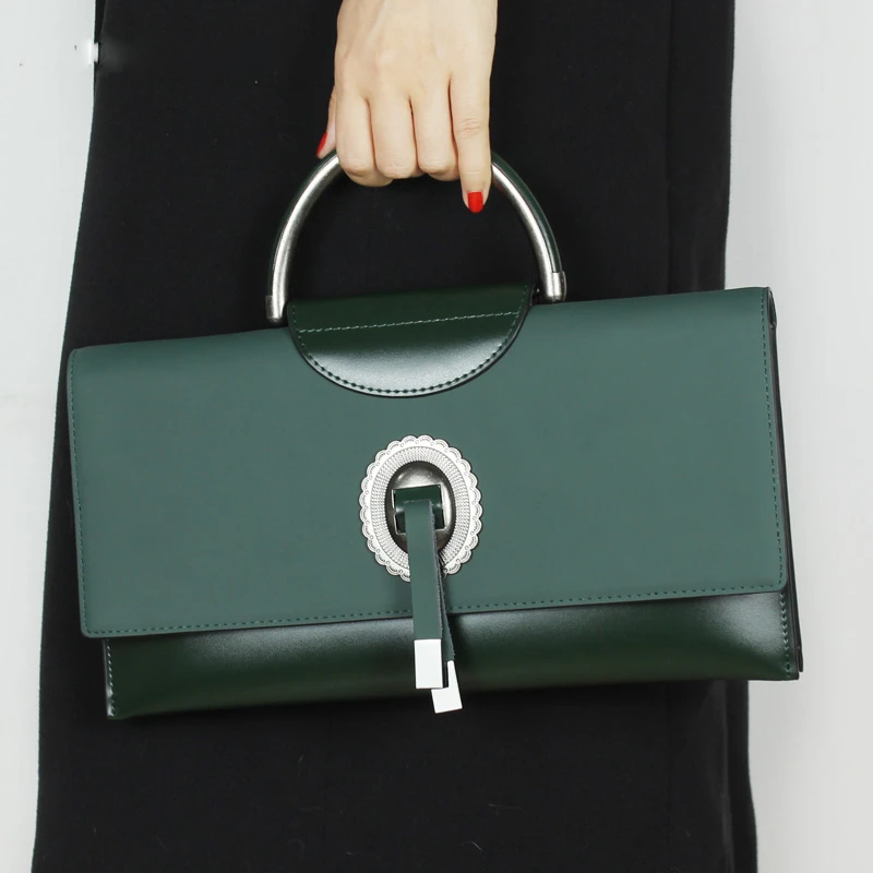 2025潮流真皮手拿包女包欧美时尚气质手包绿色手提单肩斜挎包百搭