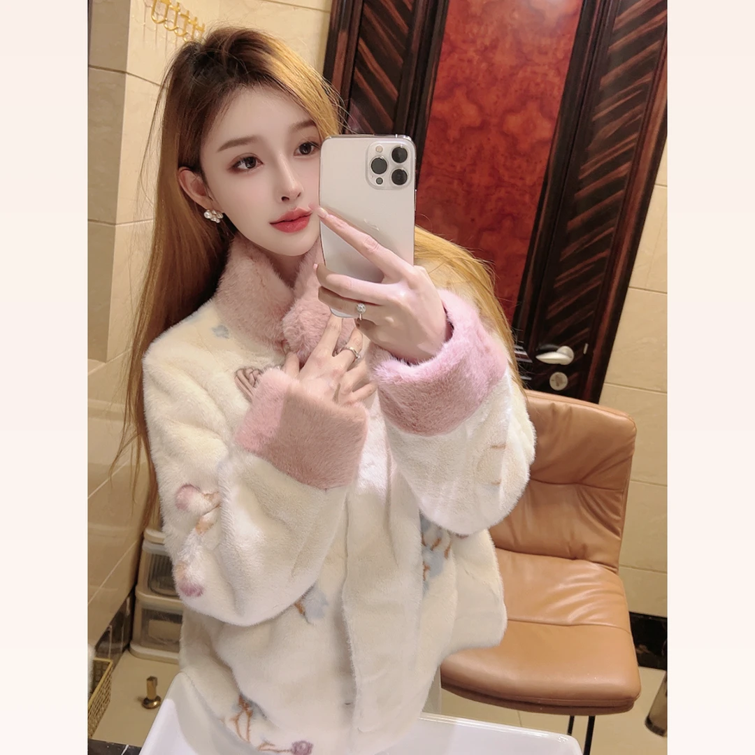 Moni新中式改良国风拼色貂绒加厚保暖外套