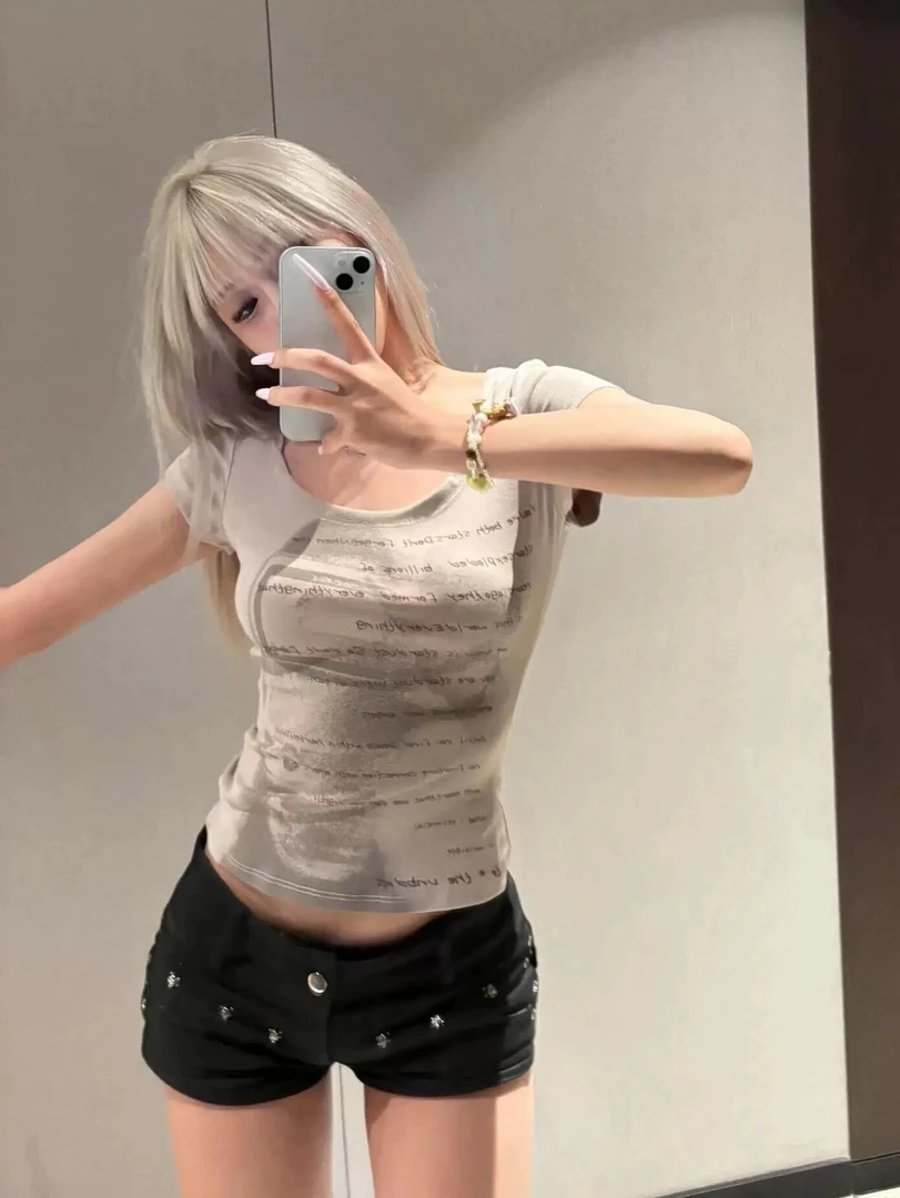 美式复古辣妹大领口短袖t恤女夏季正肩修身显瘦设计感小众u领上衣