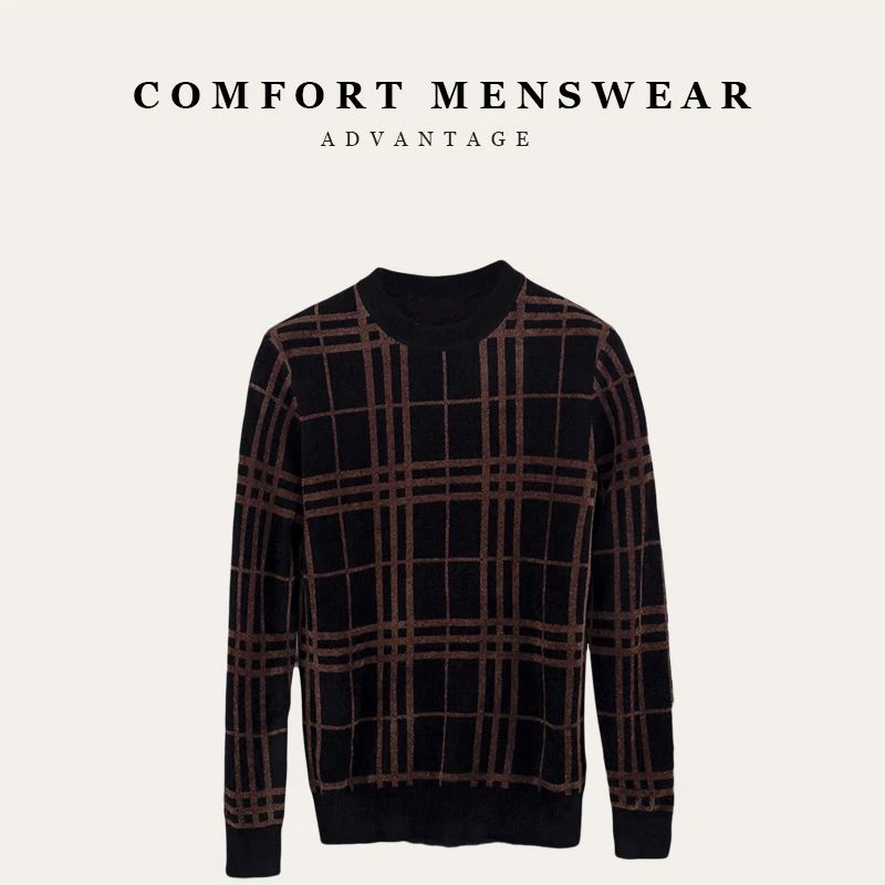 高端设计师！男士时尚休闲格子圆领毛衣百搭打底长袖针织衫(8191)