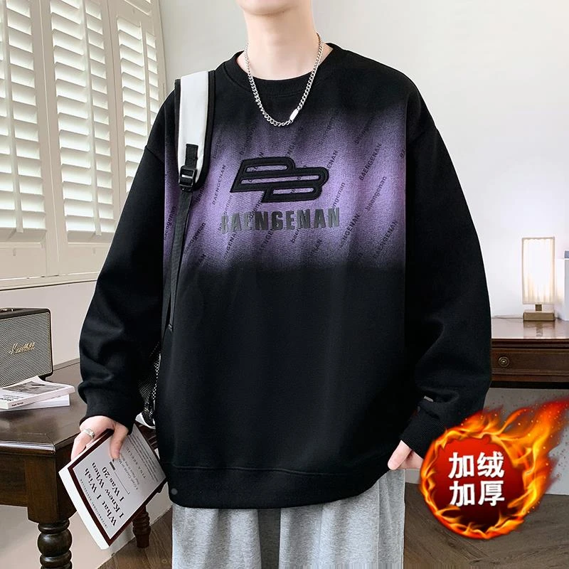 秋冬款圆领卫衣男款加绒加厚潮流韩版青少年初中高中学生长袖t恤