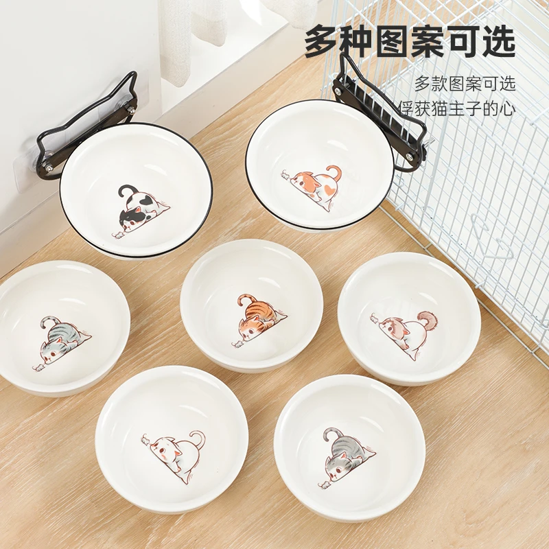 陶瓷猫碗猫粮碗家用悬挂式可爱猫食碗饮水碗悬挂式护颈狗碗斜口碗