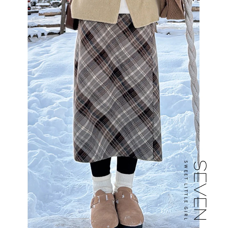 171③七七146小个子冬季加绒厚毛呢料格子半身裙女长款裙子小美说