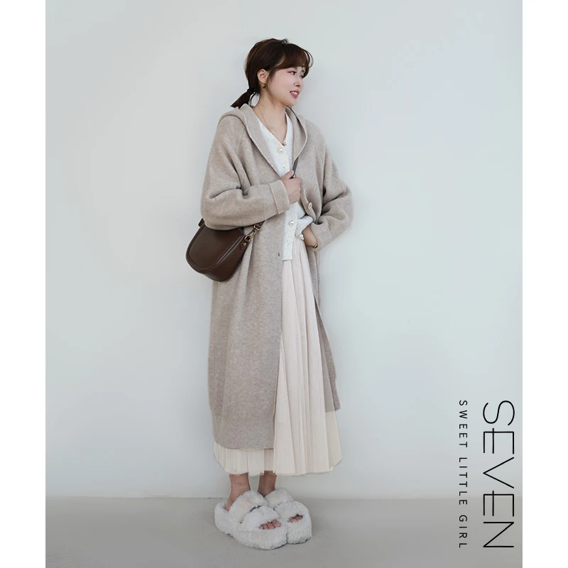 冬装上新③七七146小个子高级长款加厚连帽开衫毛衣外套女小美说