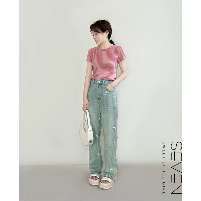 ③七七146小个子条纹薄款亲肤正肩短袖T恤女夏季新款修身显瘦上衣